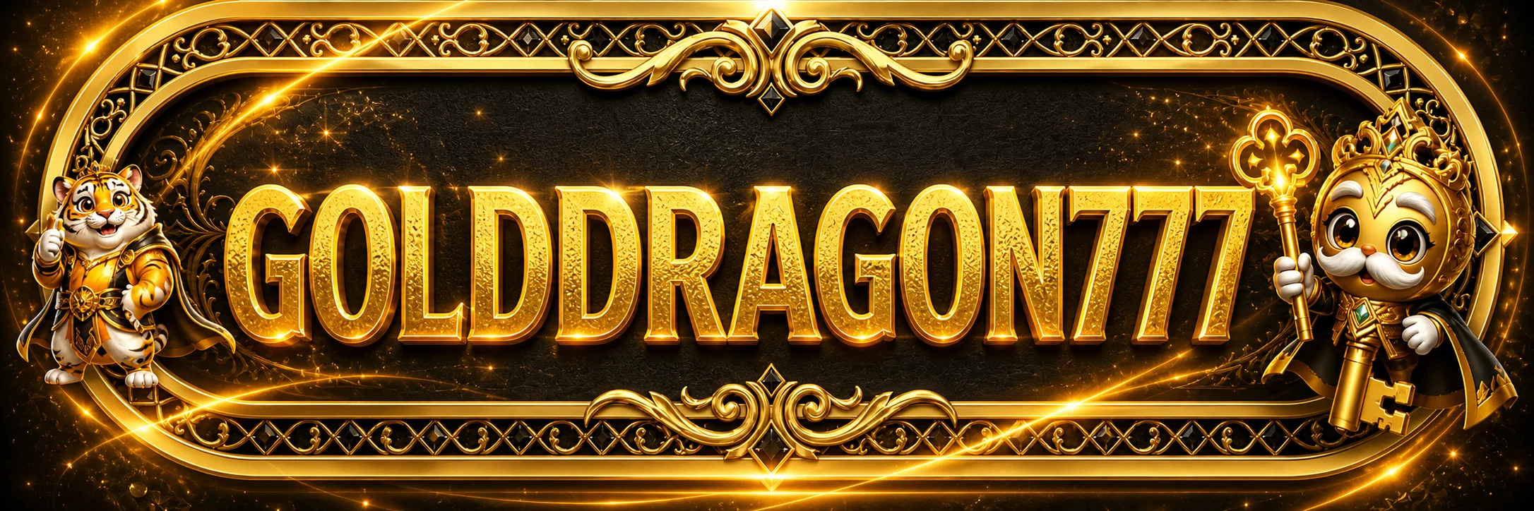 ป้ายทางเข้า GOLDDRAGON777 สีทองพร้อมตัวละครผู้พิทักษ์